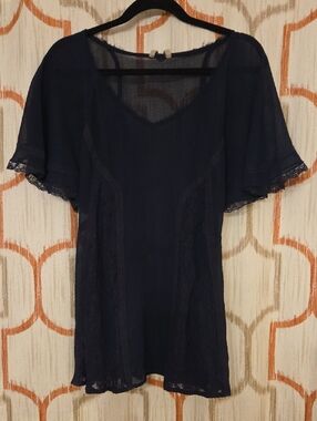 Free People Sheer Navy Lace-Trim Tunic Top